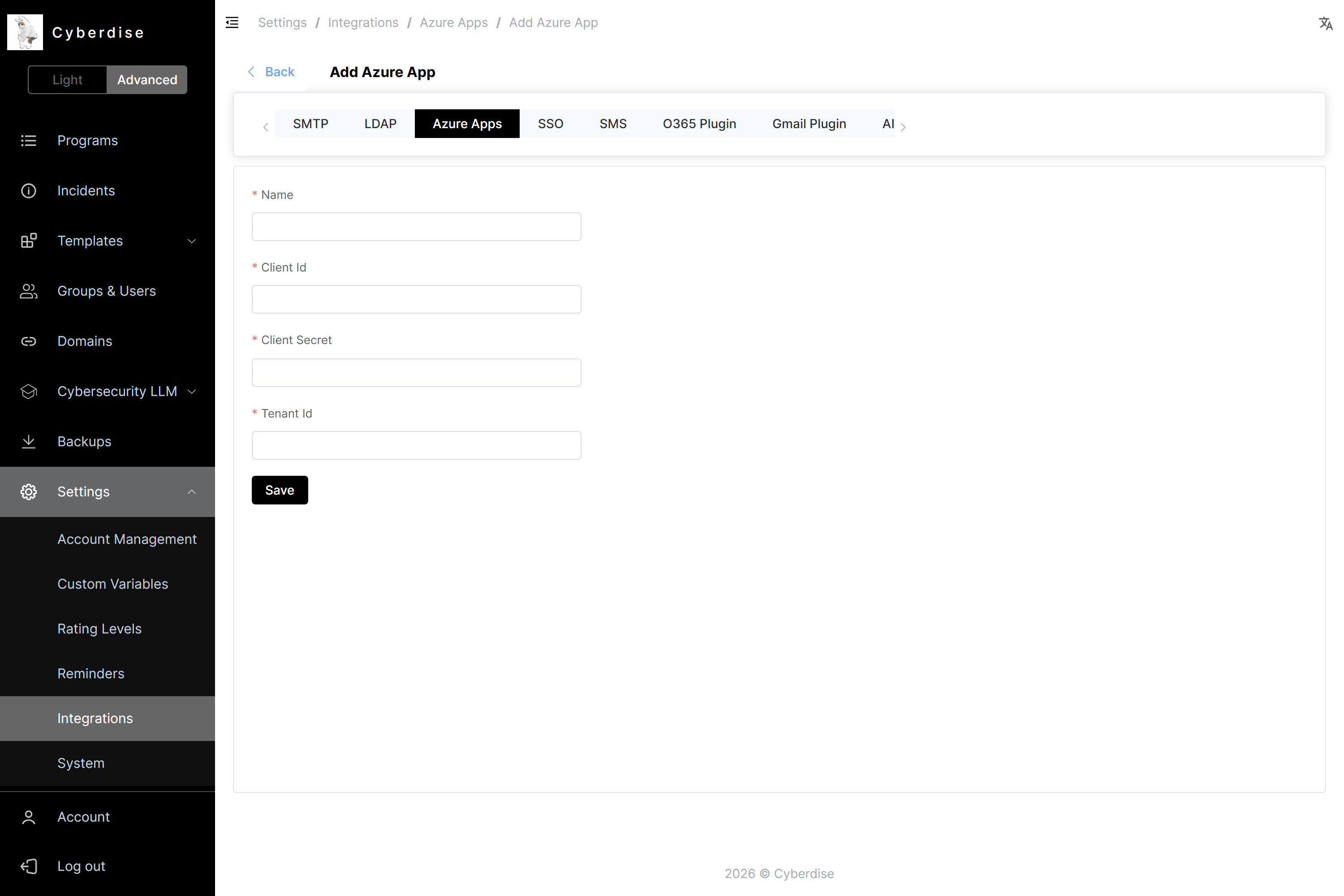 Add Azure App form with Name, Client Id, Client Secret and Tenant Id