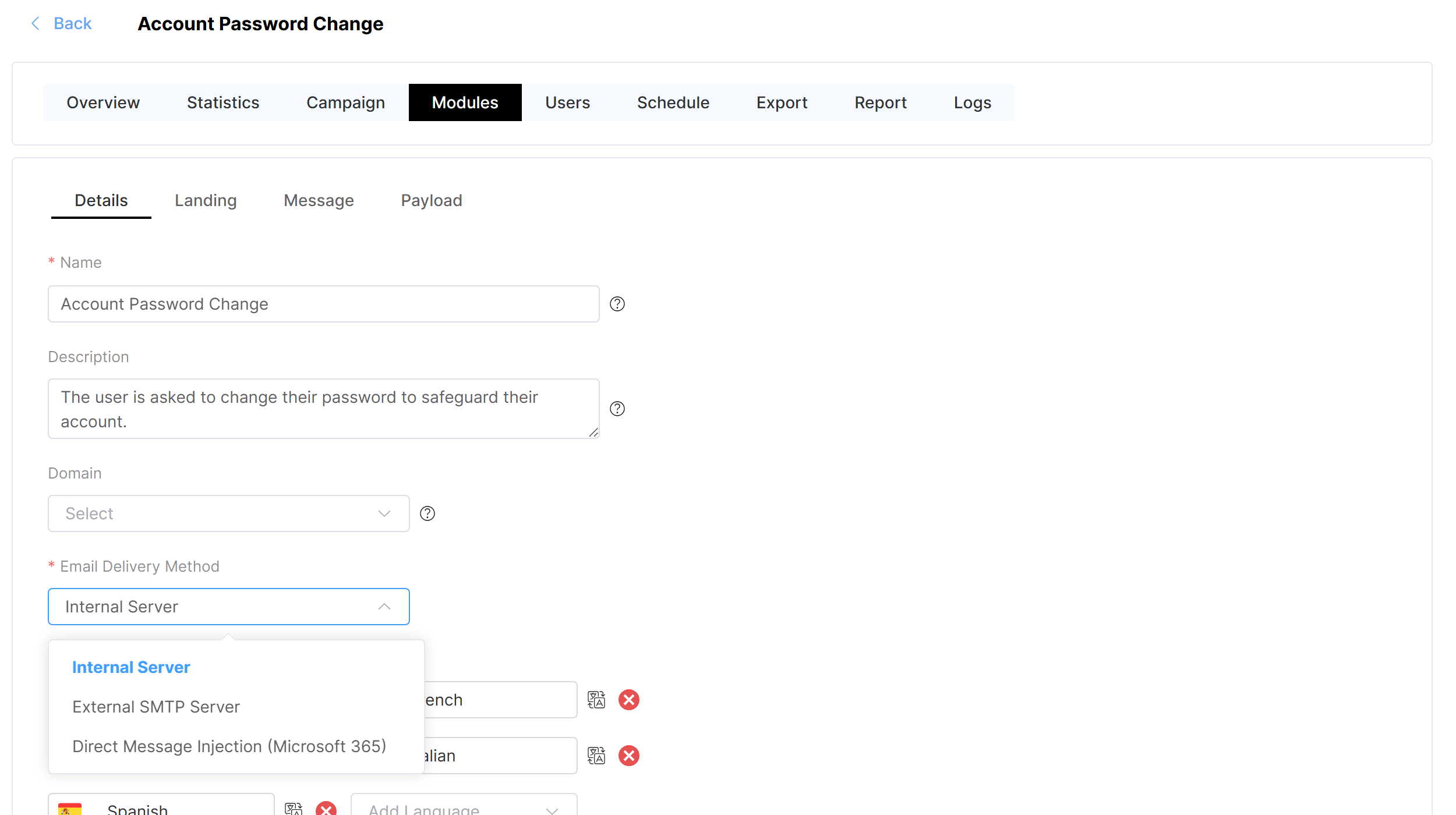 module Details tab with the Email Delivery Method dropdown open, showing Internal Server, 