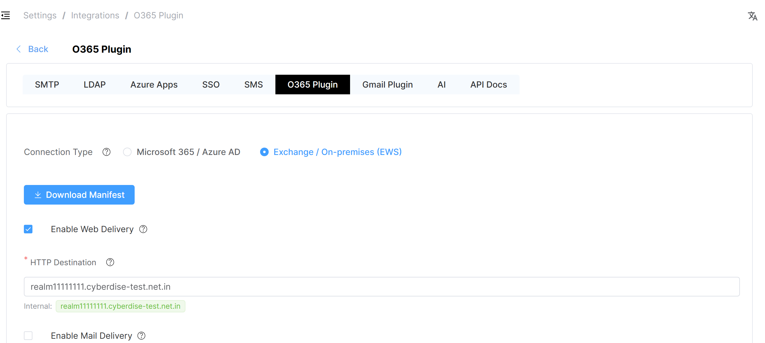 O365 Plugin settings with Connection Type set to "Exchange / On-premises (EWS)"