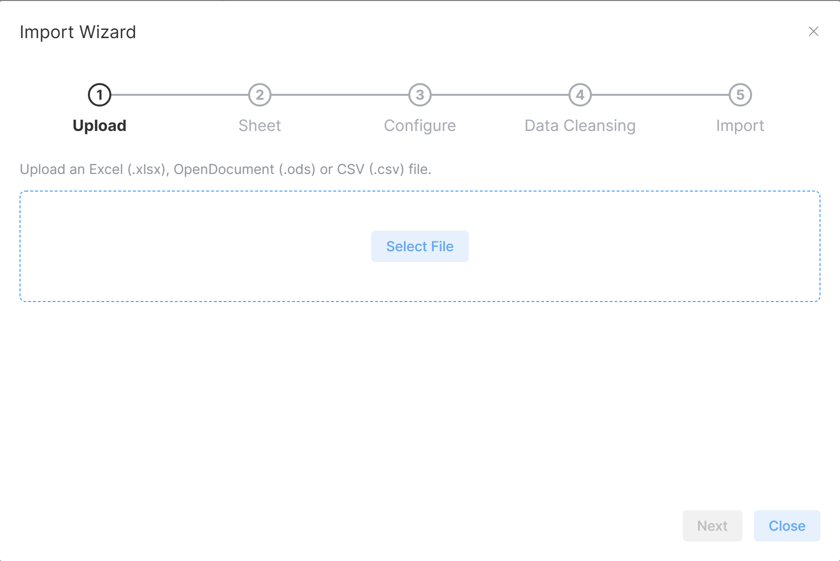 Import Wizard on step 1, showing all five steps