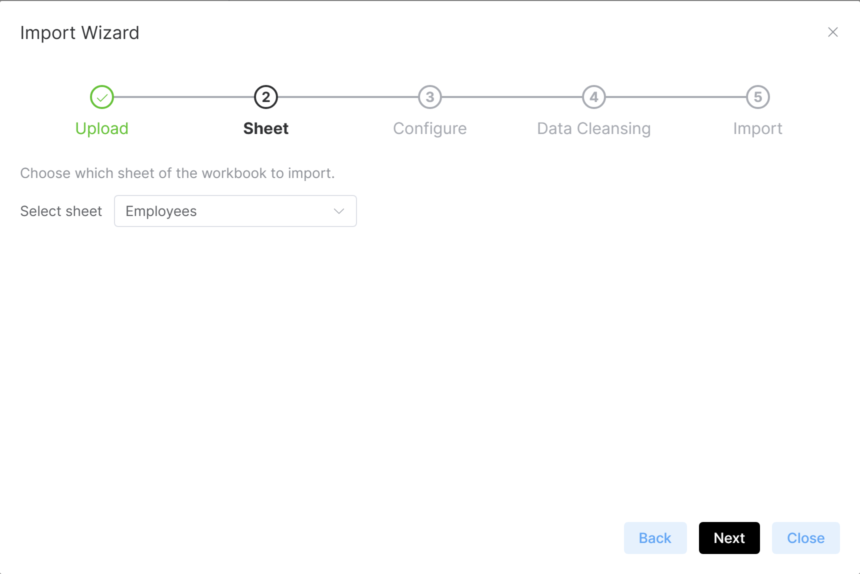 Import Wizard on step 2, choosing the sheet of the workbook