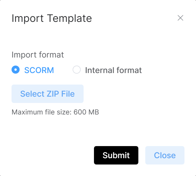 Import Template dialog with the SCORM / Internal format choice and the ZIP file selector