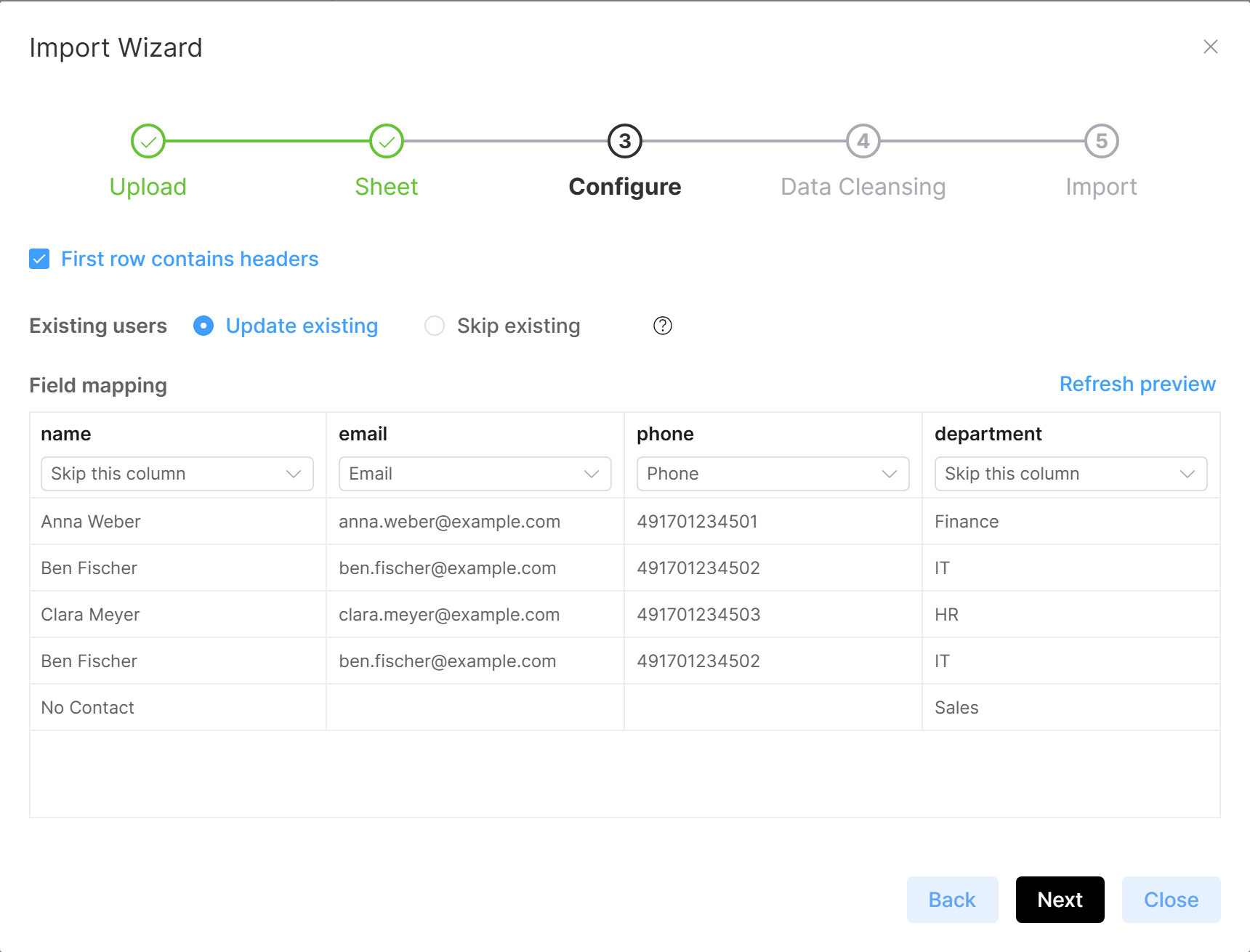 Import Wizard on step 3 with the header option, the Update/Skip choice, the field mapping 