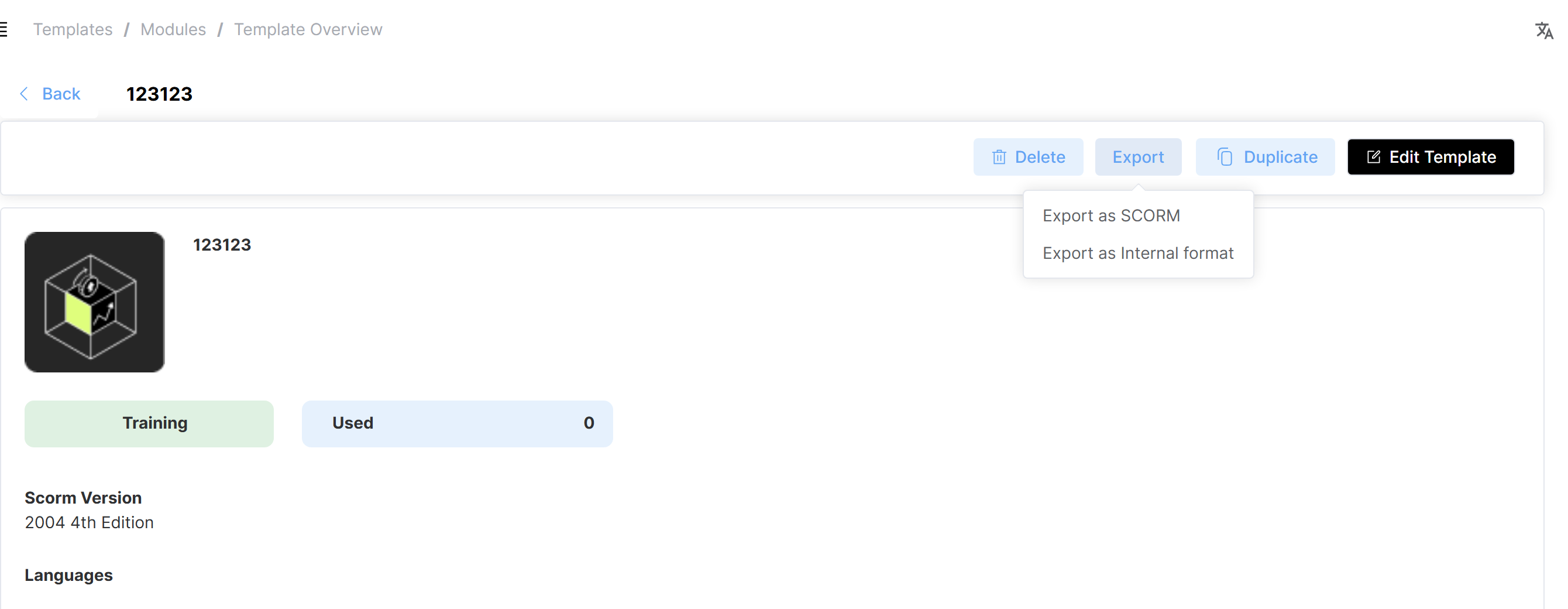 template overview with the Export menu open, showing "Export as SCORM" and &quot