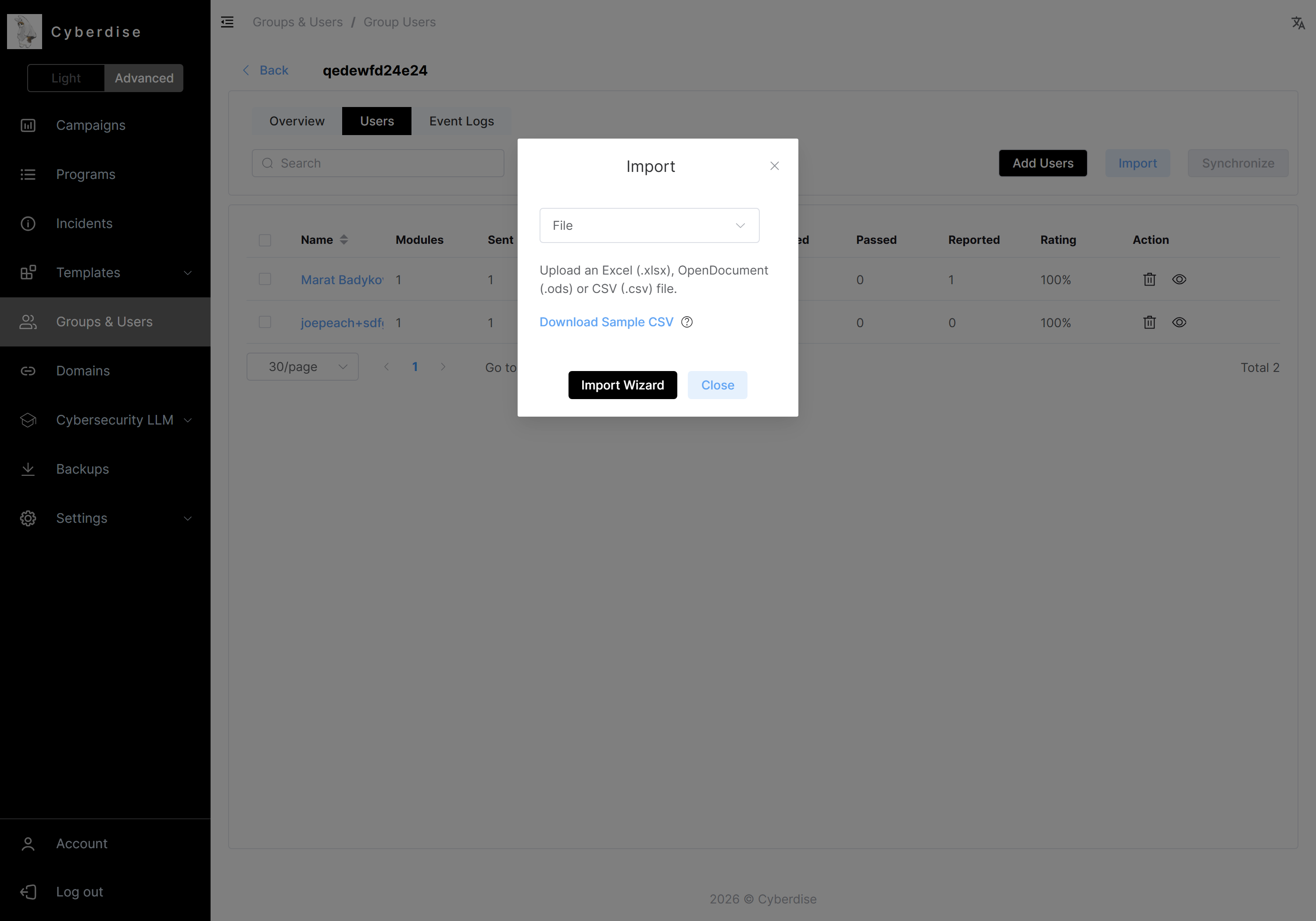 the Import dialog on a group's Users tab, offering Download Sample CSV and Import Wiz