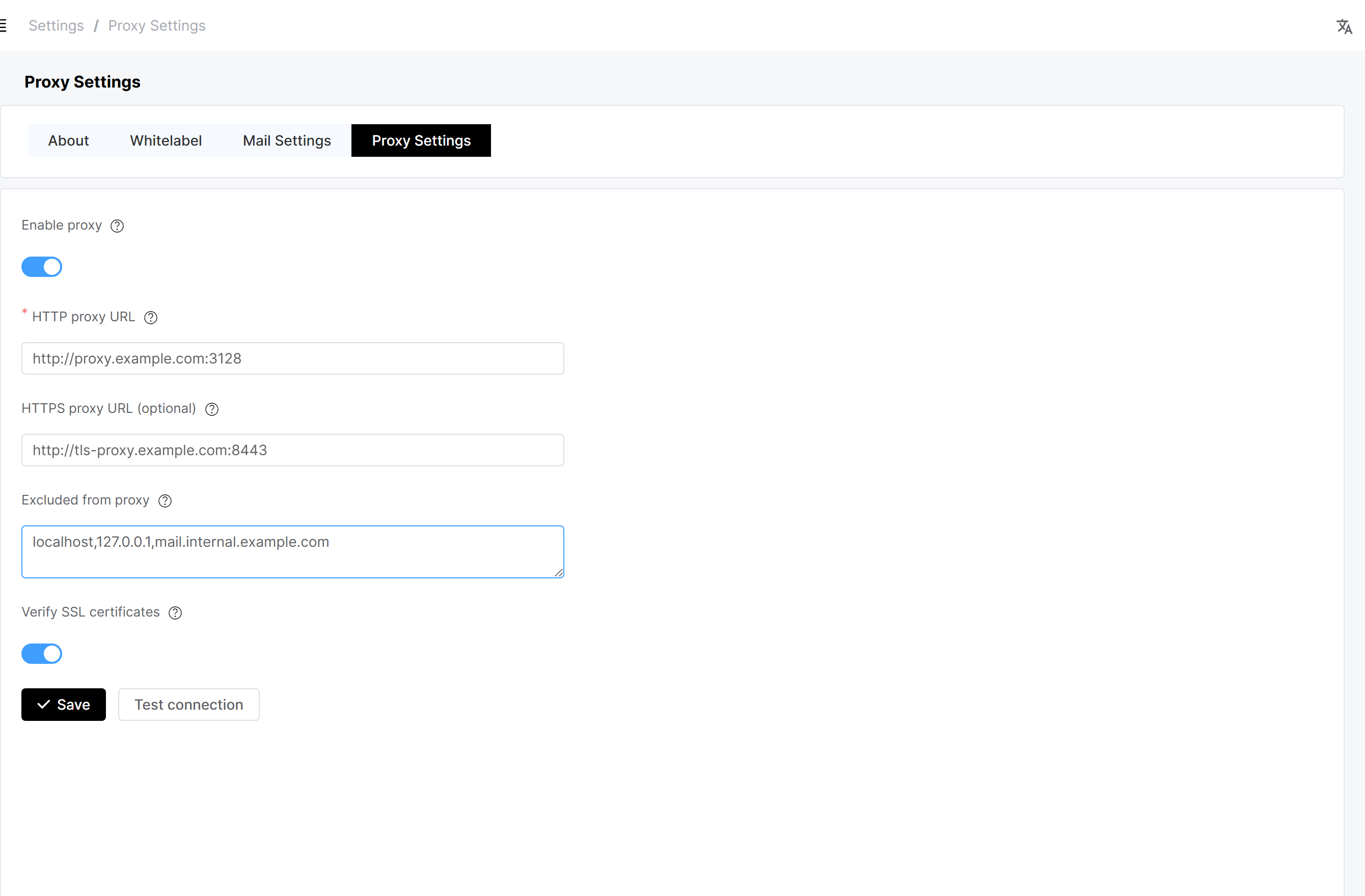 the Proxy Settings tab with all fields filled in and the Save and Test connection buttons