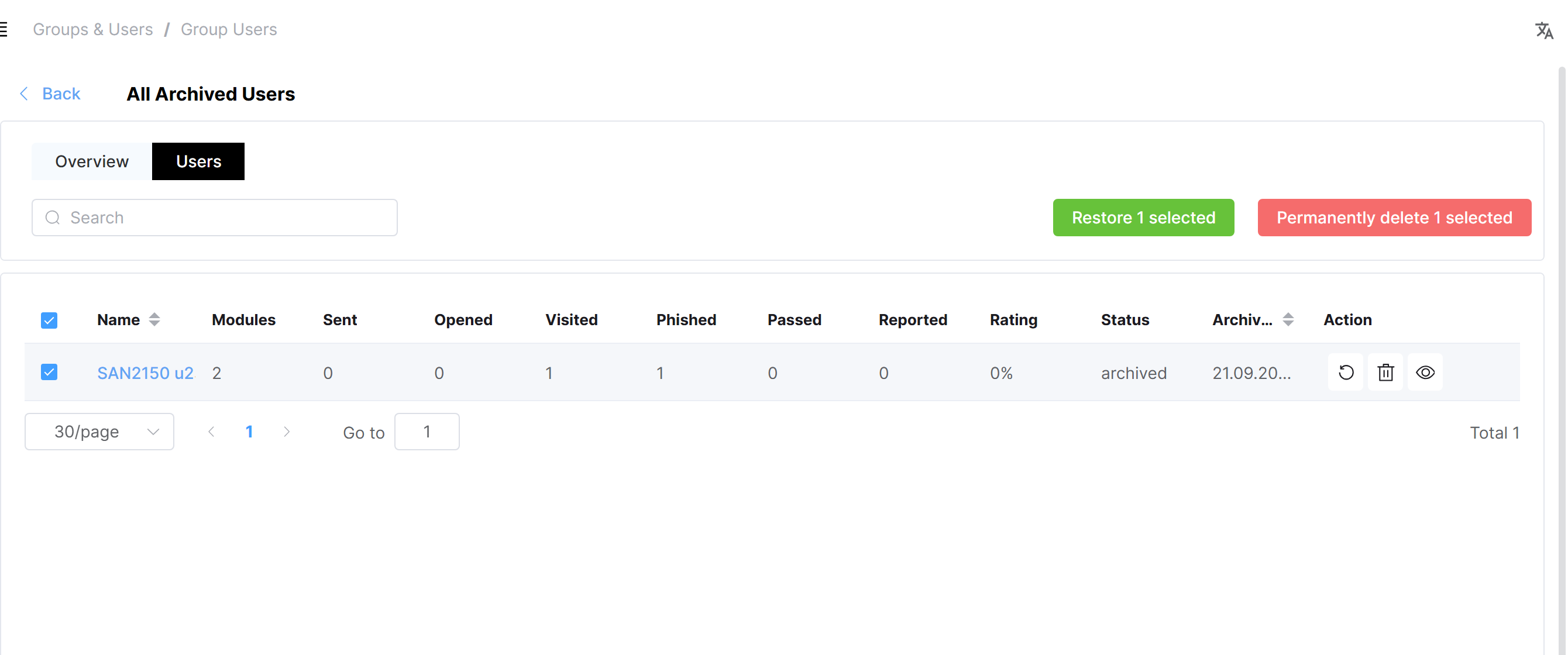 the All Archived Users list with a user selected, showing "Restore 1 selected" a