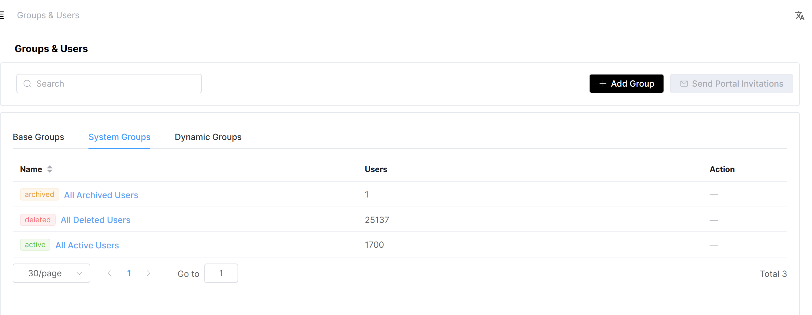 Groups & Users on the System Groups tab, listing All Archived Users, All Deleted Users