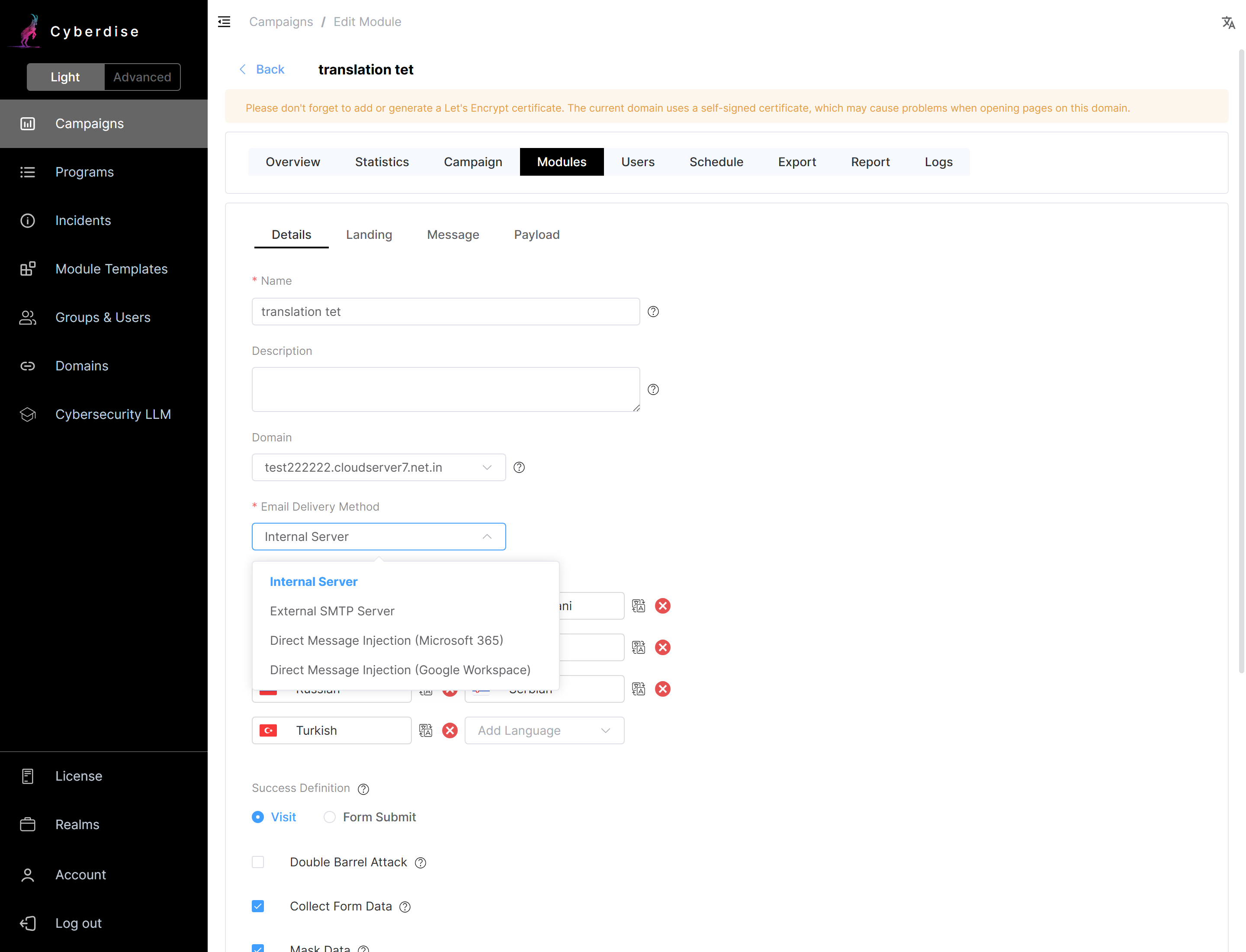 Email Delivery Method dropdown with Direct Message Injection (Google Workspace)