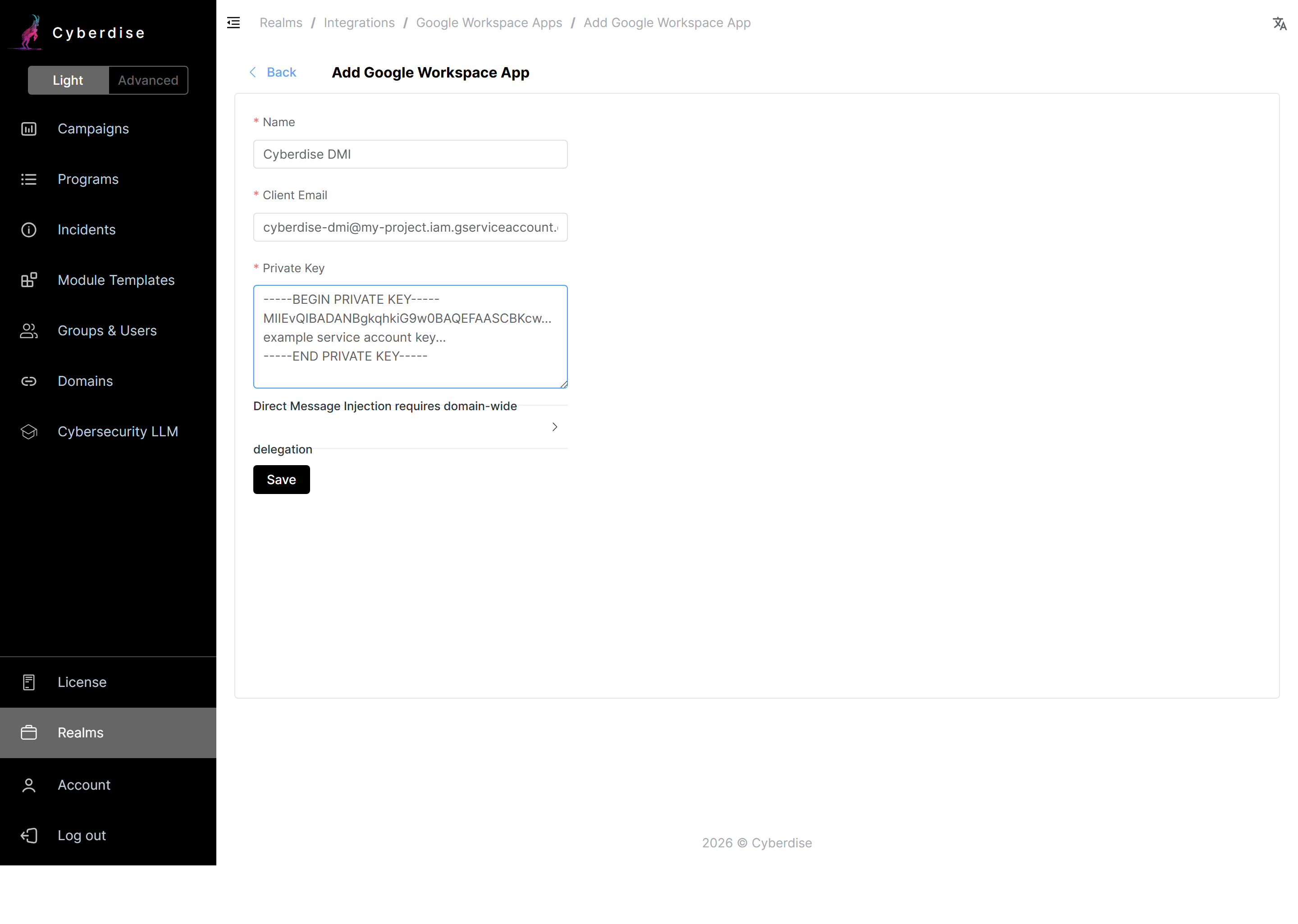 Add Google Workspace App form with Name, Client Email and Private Key